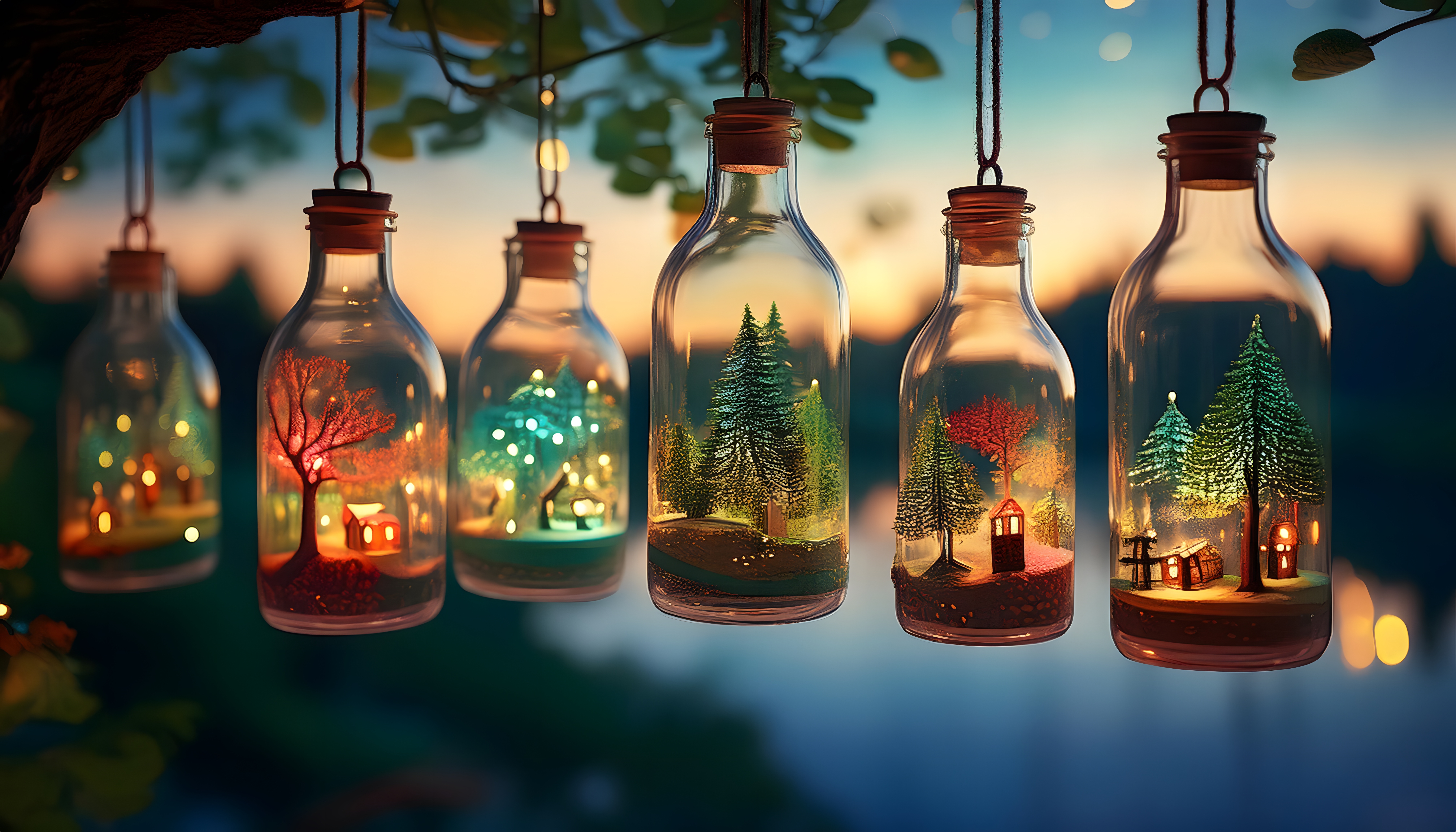 Christmas decorations inside miniature bottles